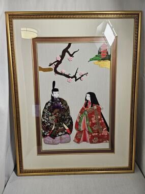 Japanese Oshie Framed wall art in Kimono - Large 30"x40" - VTG
